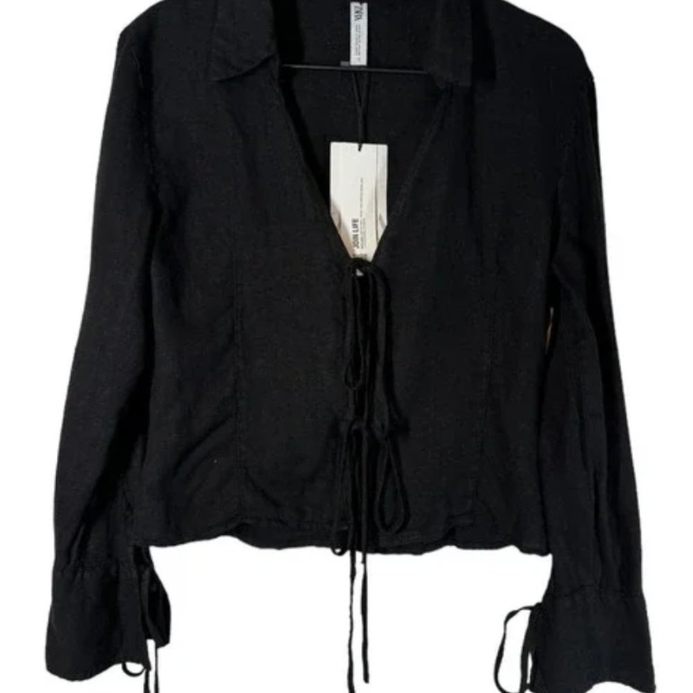 Zara black linen long sleeve tie front large shirt - never worn